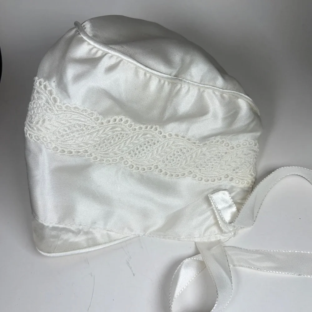 Vintage White Satin Baby Bonnet Lace Trim Ribbon Tie USA Made Large Christening